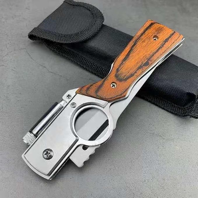 ⚡Last Day 60% OFF-🦋⚔️AK47 folding knife with one-piece steel handle and wooden handle, featuring LED light.-Kitchenware&Camping Gear