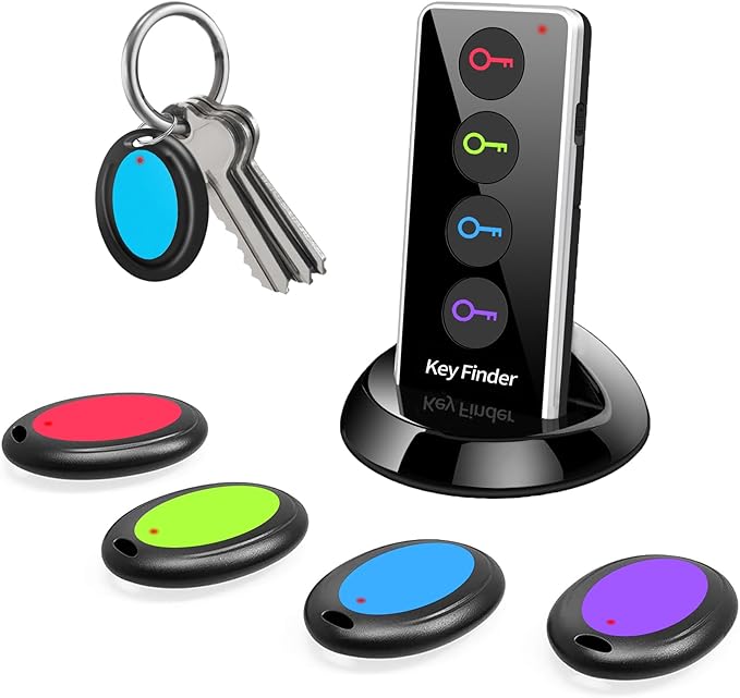 Key finder, wireless remote item locator with sound alert, can be used to find wallets, keys, mobile phones, glasses, pets, etc.
