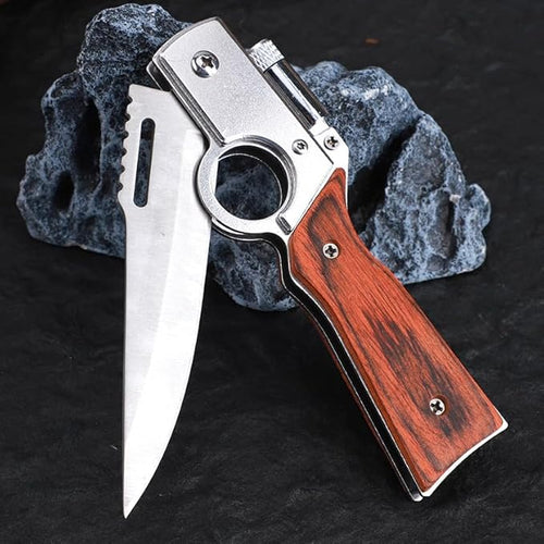 ⚡Last Day 60% OFF-🦋⚔️AK47 folding knife with one-piece steel handle and wooden handle, featuring LED light.-Kitchenware&Camping Gear