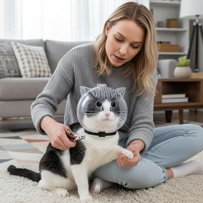 Cat Grooming Helmet, Transparent Head Cover | Anti-Bite Muzzle, suitable for brushing, nail trimming, and bathing.
