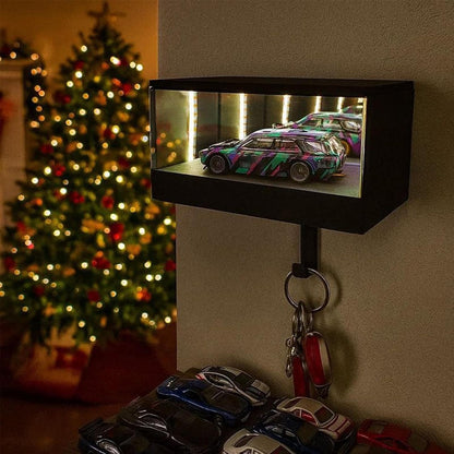 Garage key holder with LED light, 3D illusion wall-mounted key hook, designed specifically for car enthusiasts.