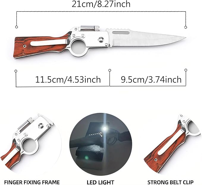 ⚡Last Day 60% OFF-🦋⚔️AK47 folding knife with one-piece steel handle and wooden handle, featuring LED light.-Kitchenware&Camping Gear