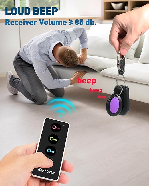 Key finder, wireless remote item locator with sound alert, can be used to find wallets, keys, mobile phones, glasses, pets, etc.