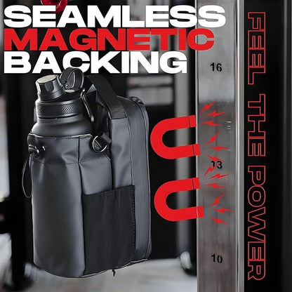 Magnetic fitness bag, portable large-capacity gym bag with phone pocket, water bottle holder, and storage compartments, black, sporty style.