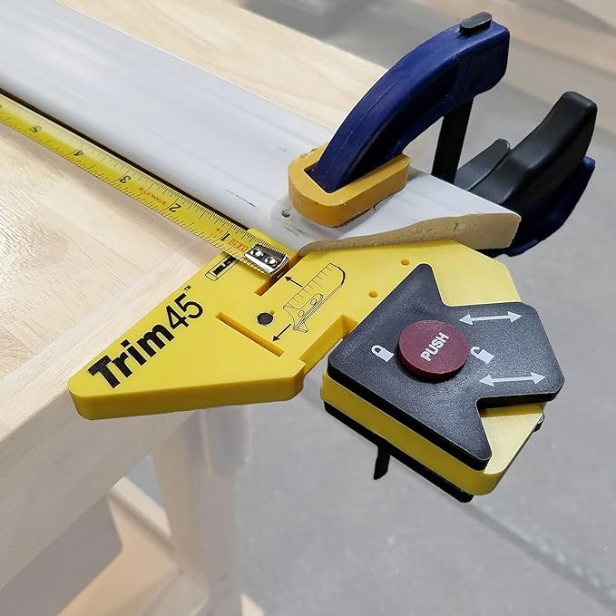 45 Cutting Jig - Adjustable gap setting, a measuring and marking tool for decorative trim installation.