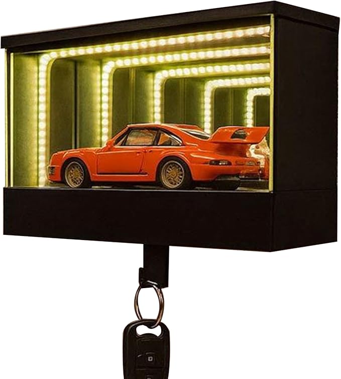Garage key holder with LED light, 3D illusion wall-mounted key hook, designed specifically for car enthusiasts.