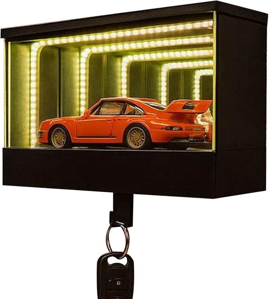 Garage key holder with LED light, 3D illusion wall-mounted key hook, designed specifically for car enthusiasts.