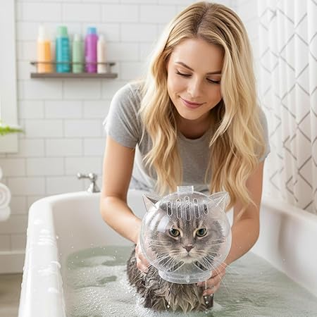 Cat Grooming Helmet, Transparent Head Cover | Anti-Bite Muzzle, suitable for brushing, nail trimming, and bathing.