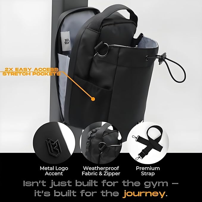 Magnetic fitness bag, portable large-capacity gym bag with phone pocket, water bottle holder, and storage compartments, black, sporty style.
