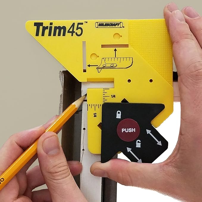 45 Cutting Jig - Adjustable gap setting, a measuring and marking tool for decorative trim installation.