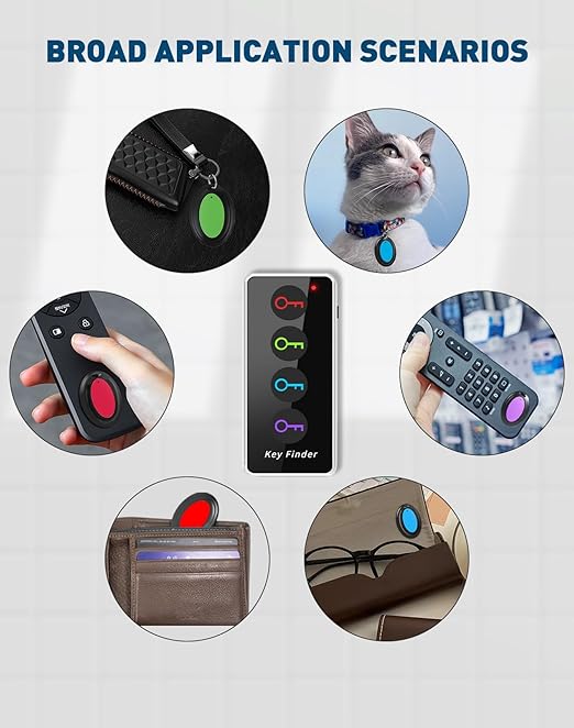 Key finder, wireless remote item locator with sound alert, can be used to find wallets, keys, mobile phones, glasses, pets, etc.