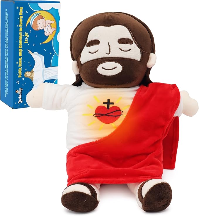 A breathing, comforting plush toy: the Heart of Jesus doll, the Savior doll.